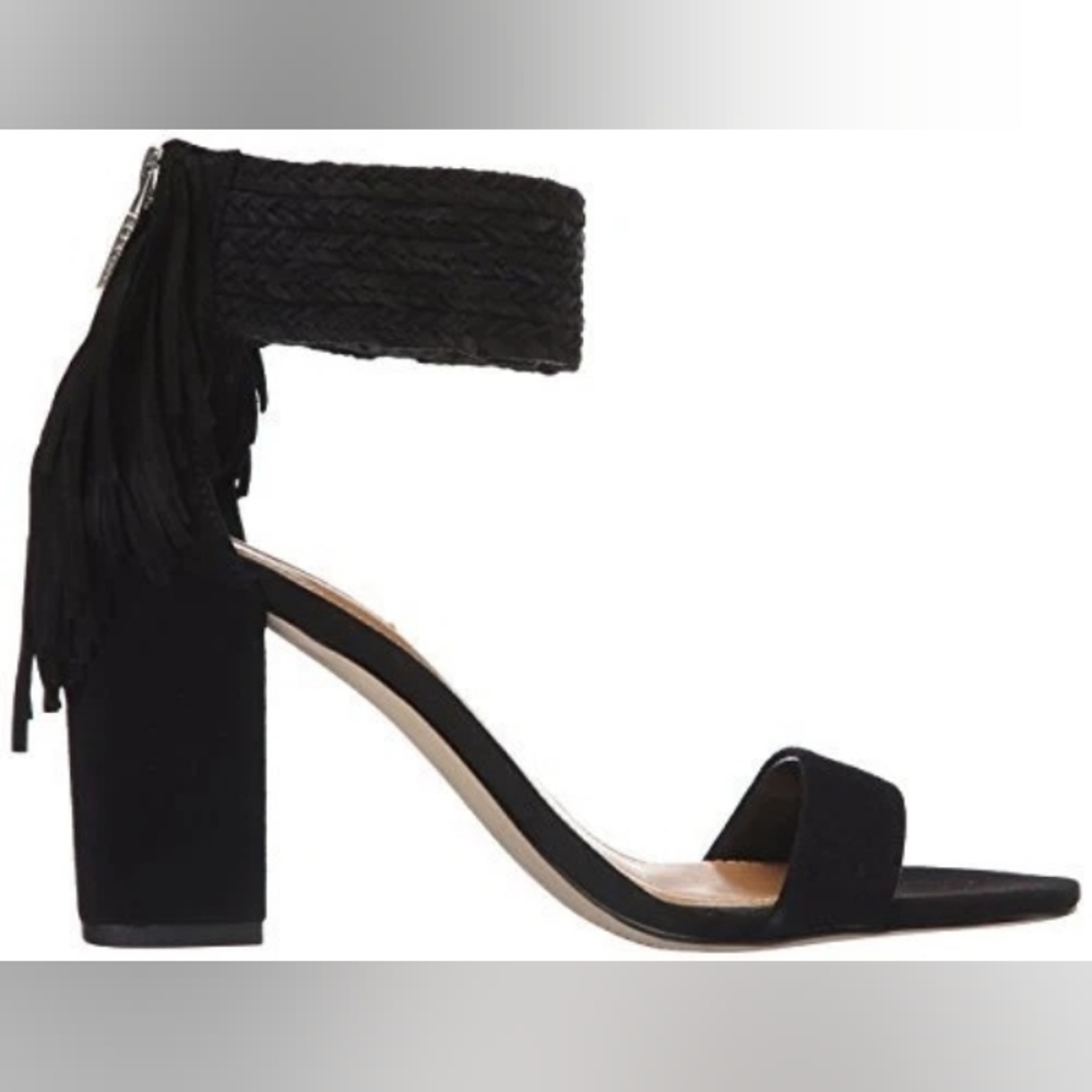BCBGeneration Calizi Black Lux Suede Block Heel Ankle Cuff Fringe Sandal New 7 - Picture 3 of 12